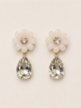 Delicate Cream Daisy Drop Earrings with Clear Teardrop Crystal